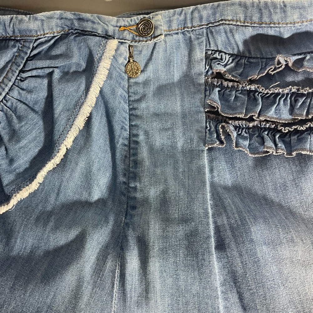 Anthropologie Odd Molly Crisscross Ruffle Jean Mini Skirt Back Zip Size 2; CUTE! - Picture 16 of 16